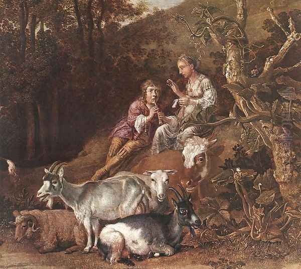 Landscape with Shepherdess Shepherd Playing Flute (detail) 1642-44 Oil Painting by Paulus Potter