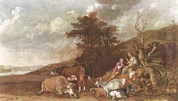 Landscape with Shepherdess and Shepherd Playing Flute 1642-44 Oil Painting by Paulus Potter