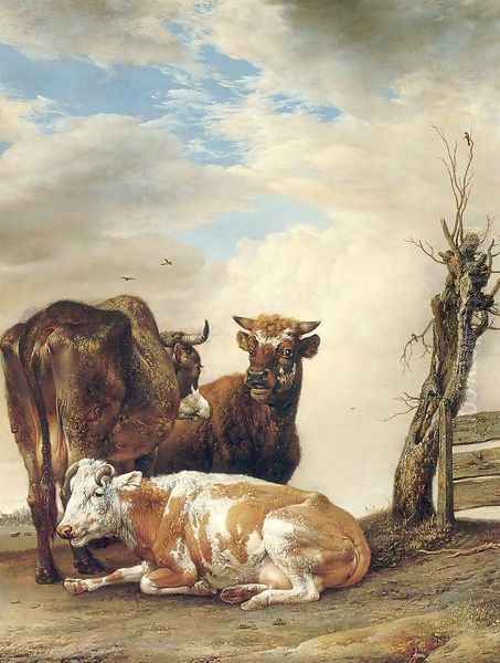 Two Cows & a Young Bull beside a Fence in a Meadow 1647 Oil Painting by Paulus Potter