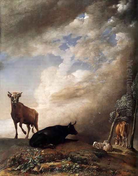 Cattle and Sheep in a Stormy Landscape Oil Painting by Paulus Potter