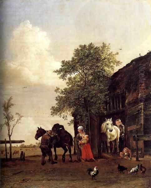 Figures with Horses by a Stable Oil Painting by Paulus Potter