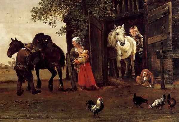 Figures with Horses by a Stable (detail) Oil Painting by Paulus Potter