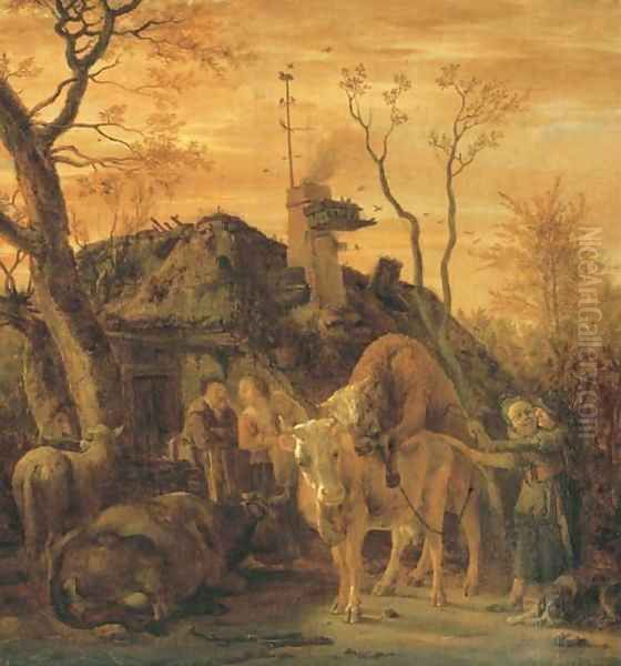 A tethered bull covering a cow in a farmyard Oil Painting by Paulus Potter