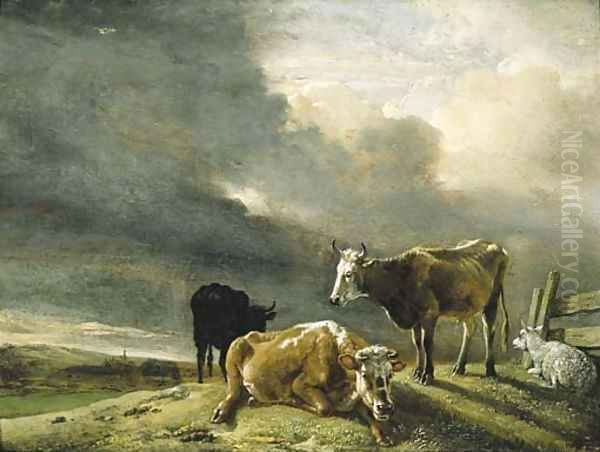 Cows and Sheep in a Meadow, a Farmstead beyond Oil Painting by Paulus Potter