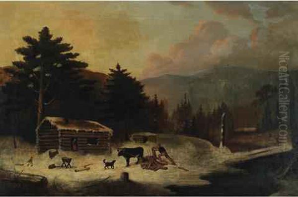 Chopping Lumber, Winter Oil Painting by Cornelius Krieghoff