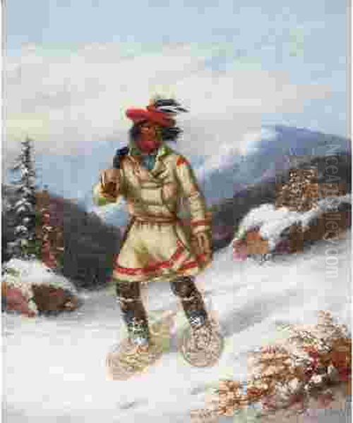 Indian On Snowshoes Oil Painting by Cornelius Krieghoff