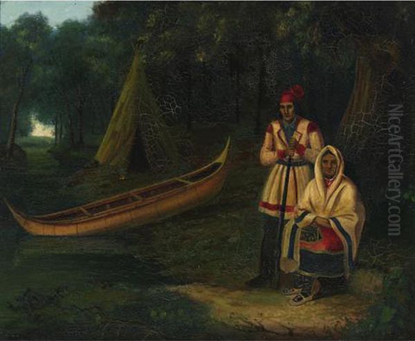 Figures In A Landscape Oil Painting by Cornelius Krieghoff