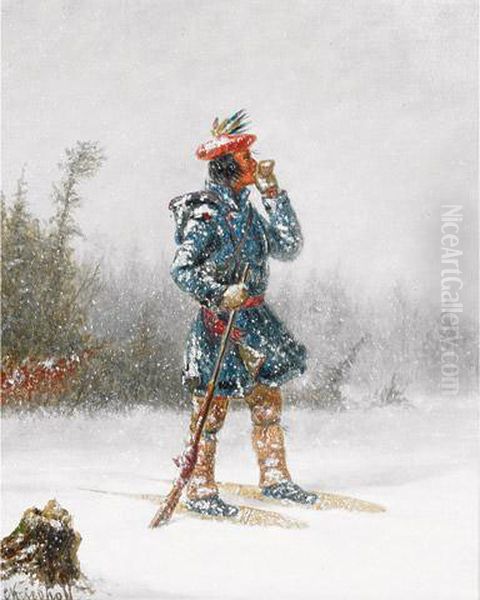 Indian Hunter On Snowshoes Oil Painting by Cornelius Krieghoff