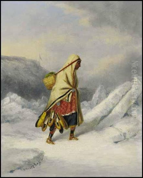 Indian Squaw Moccasin Seller Crossing The St. Lawrence River At Quebec Oil Painting by Cornelius Krieghoff