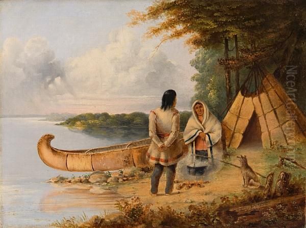 Indian Encampment With Canoe, Two Figures And A Dog Oil Painting by Cornelius Krieghoff