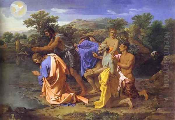 The Baptism of Christ. 1650s. Oil on canvas. Philadelphia Museum of Art, Philadelphia, PA, USA. Oil Painting by Nicolas Poussin