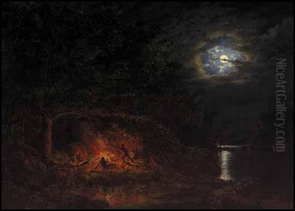 In Camp At Night Oil Painting by Cornelius Krieghoff