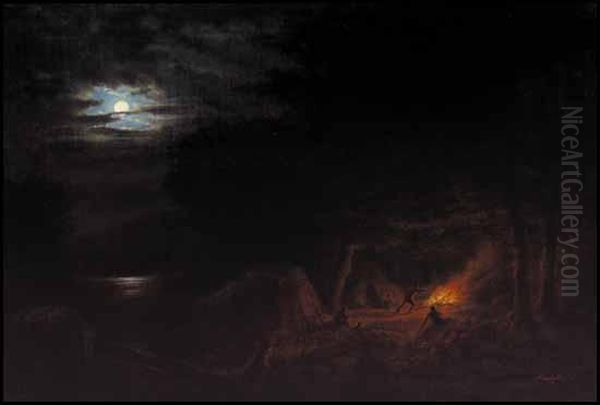 Camp Scene At Night Oil Painting by Cornelius Krieghoff