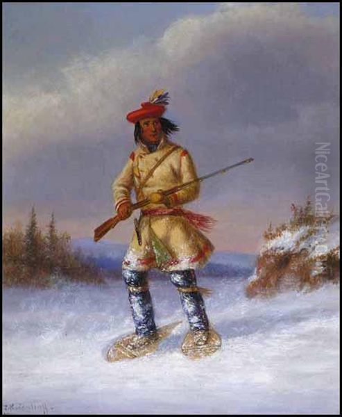 Indian Trapper With Red Feathered Cap In Winter Oil Painting by Cornelius Krieghoff