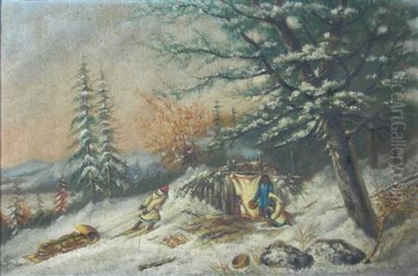 Winter Scene, Indian Camp Oil Painting by Cornelius Krieghoff