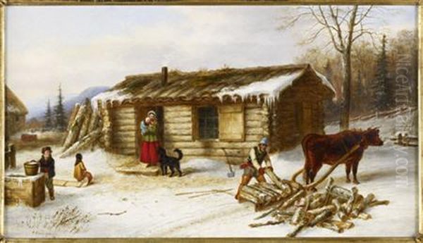 Chopping Logs Outside A Snow Covered Log Cabin Oil Painting by Cornelius Krieghoff