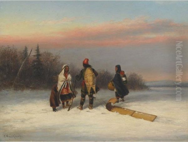 A Wayside Chat Oil Painting by Cornelius Krieghoff