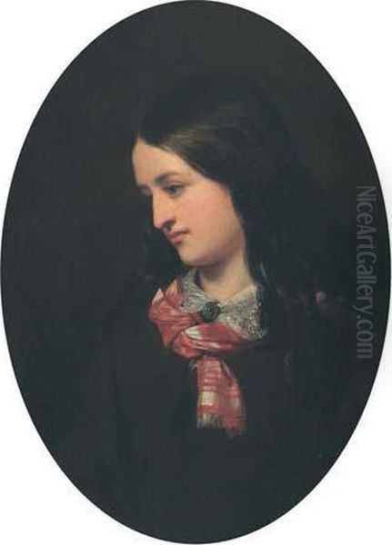 Portrait Of A Young Woman With Plaidscarf Oil Painting by Cornelius Krieghoff