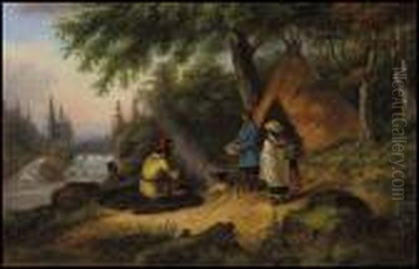 Indian Family Camp By A River Oil Painting by Cornelius Krieghoff