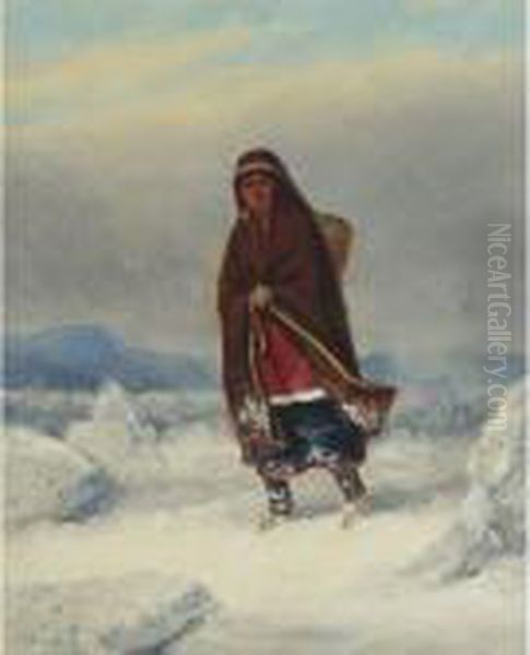 Indian Woman In A Winter Landscape Oil Painting by Cornelius Krieghoff