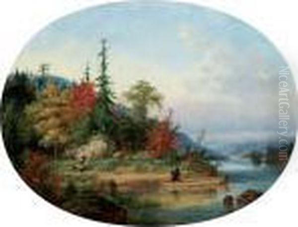 Indian Canoeist And Hunter In An Autumn Landscape Oil Painting by Cornelius Krieghoff