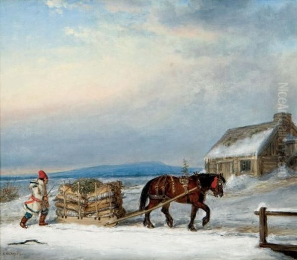 Figure, House And Sleigh In Snow Oil Painting by Cornelius Krieghoff