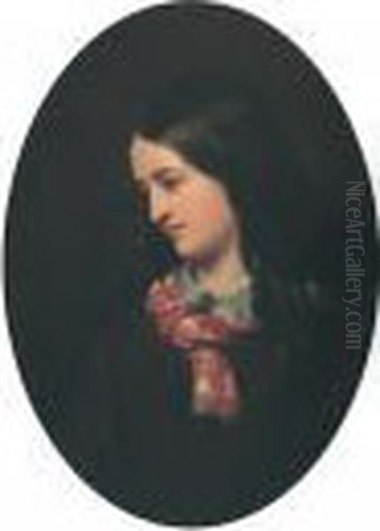 Portrait Of A Young Woman With Plaid Scarf Oil Painting by Cornelius Krieghoff