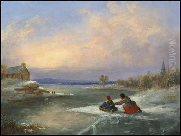 Children Playing With Home-made Sleigh Oil Painting by Cornelius Krieghoff