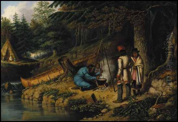 A Caughnawaga Indian Encampment Oil Painting by Cornelius Krieghoff