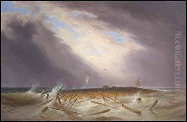 Lumber Raft On The St. Lawrence In Bad Weather Oil Painting by Cornelius Krieghoff