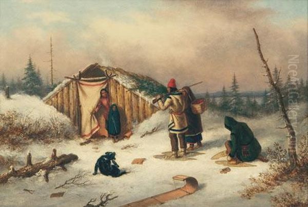 Figures Outside A Log House In A Snowy Landscape Oil Painting by Cornelius Krieghoff