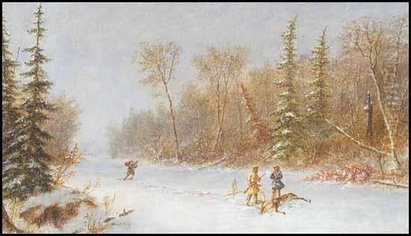 Caribou Hunters In A Winter Snow Storm Oil Painting by Cornelius Krieghoff