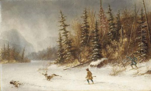 Deer Hunters In A Winter Landscape Oil Painting by Cornelius Krieghoff