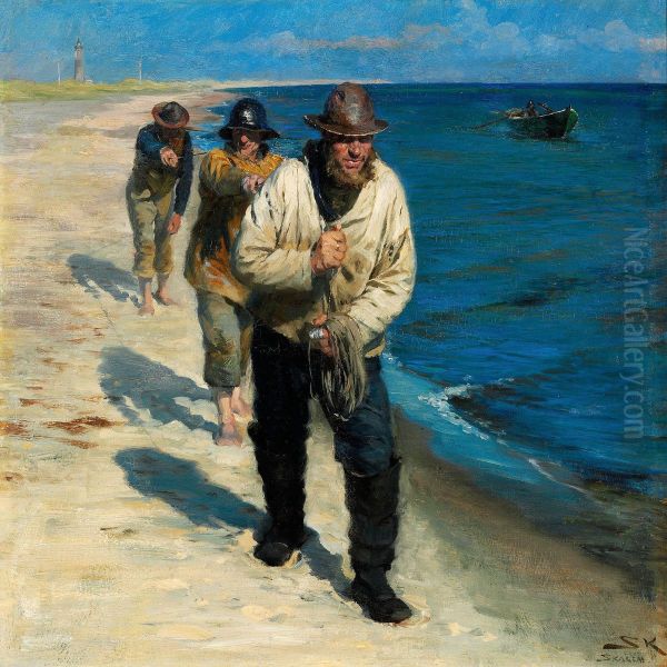 Tre Pa Skagens Sonderstrand Oil Painting by Peder Severin Kroyer