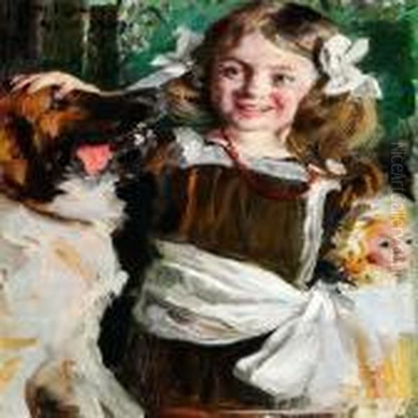 A Little Girl In A Fancy Dress With Her Dog And Her Doll Oil Painting by Peder Severin Kroyer