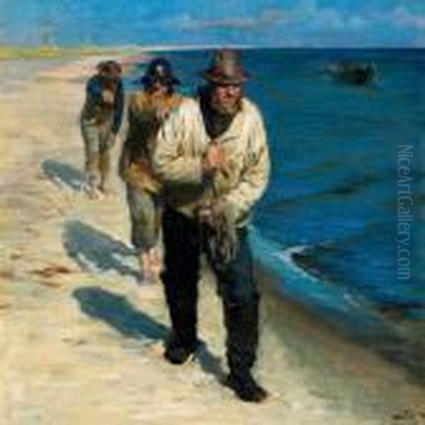 Tre Pa Skagens Sonderstrand 
Bagefter Hverandre Gaaende Fiskere Traekke Langs Bredden En Baad Lidt Ude
 I Vandet Imod Strommen Oil Painting by Peder Severin Kroyer