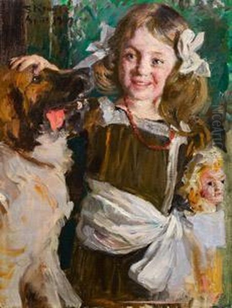 Madchen Mit Puppe Und Hund Oil Painting by Peder Severin Kroyer