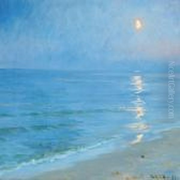 A Moonlit Skagenbeach Oil Painting by Peder Severin Kroyer