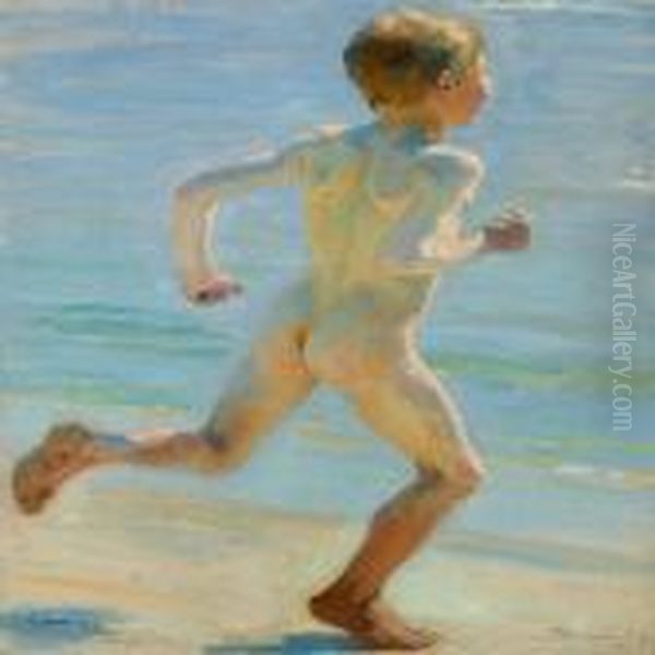 Naked Boy Running On The Beach Towards The Sea Oil Painting by Peder Severin Kroyer