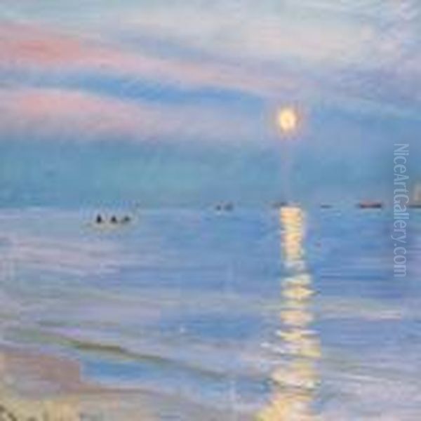 Evening At Skagen Beach, The Moon Is Rising Oil Painting by Peder Severin Kroyer