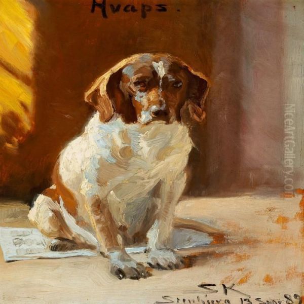 A Sporting Dog Sitting On A Newspaper Oil Painting by Peder Severin Kroyer