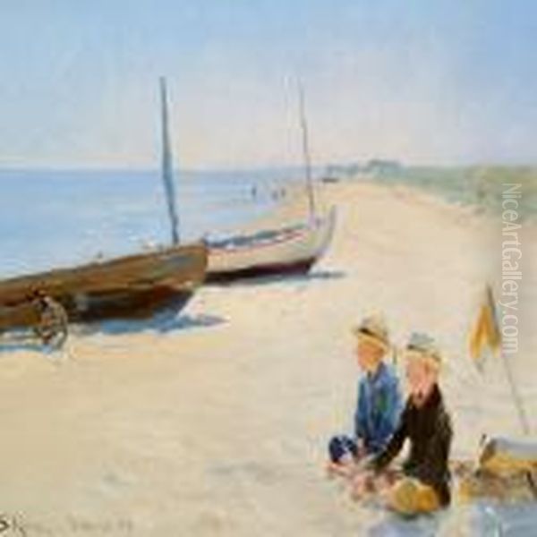 Two Boys Sitting In Thesunshine On Skagen Beach Oil Painting by Peder Severin Kroyer