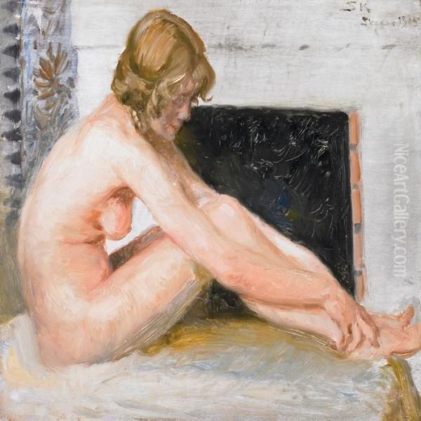 Young Naked Woman By The Fireplace Oil Painting by Peder Severin Kroyer