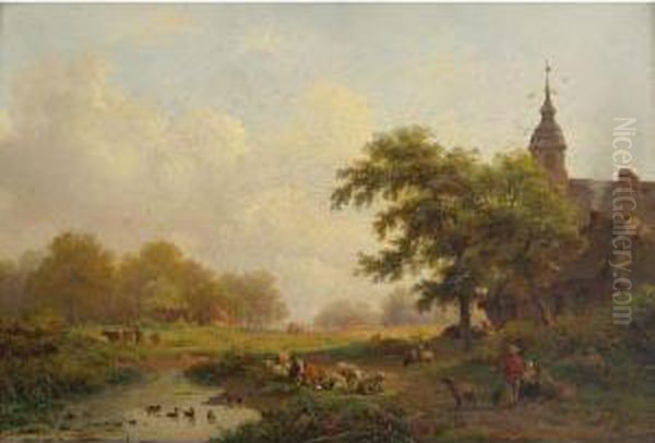 Summer Landscape With Sheperds And Cattle Near A Village Oil Painting by Frederik Marianus Kruseman