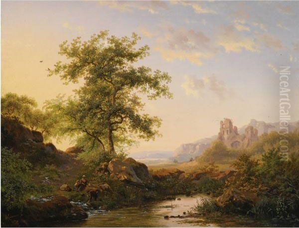 Figures On The Waterfront In A 
Summer Landscape, A Fantasy Of Thebrederode Ruin In The Background Oil Painting by Frederik Marianus Kruseman