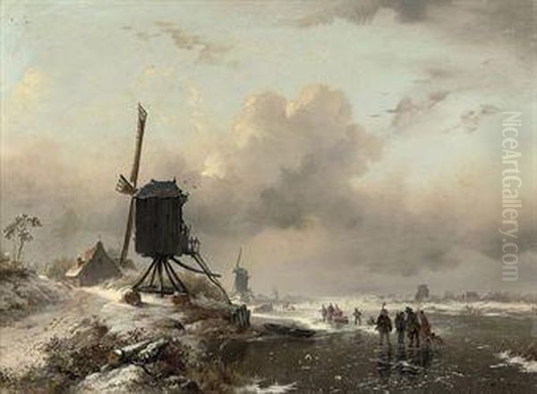 Huntsmen On The Ice Oil Painting by Frederik Marianus Kruseman