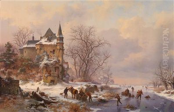 Winterlandschaft Mit Eislaufern Vor Einem Schloss Oil Painting by Frederik Marianus Kruseman