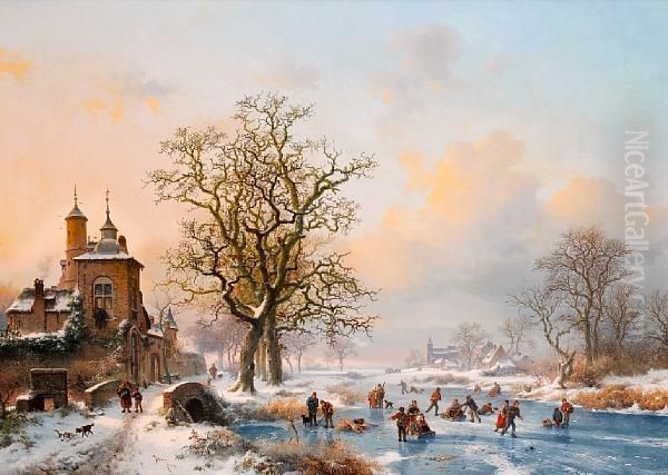 Winter Landscape With Skaters Near A Castle Oil Painting by Frederik Marianus Kruseman