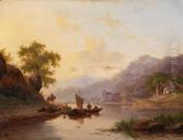 Flusslandschaftmit Fischern Oil Painting by Frederik Marianus Kruseman