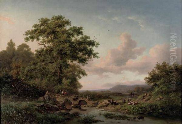 Figures By A Stream On A Summer's Day Oil Painting by Frederik Marianus Kruseman